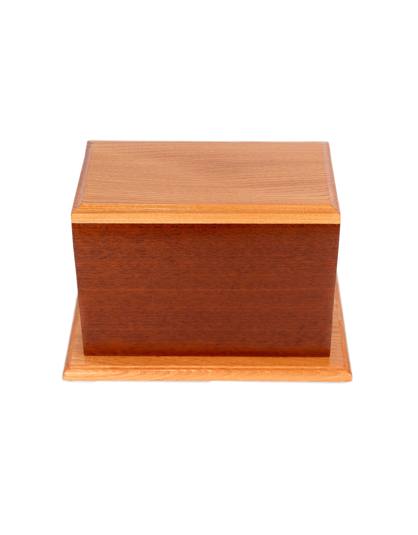 Front and top view of handcrafted Sapele and White Ash urn with high-gloss finish, showcasing light and dark wood contrast, 160 cubic inch capacity
