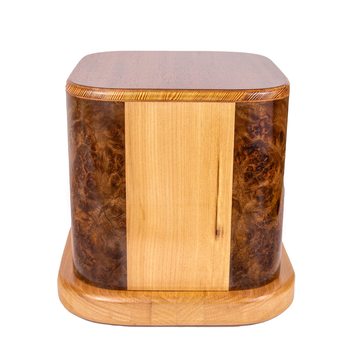 Front and top view of handcrafted urn with English Walnut Burl corners, Ash sides, Mahogany top, and Oak base, made from historic piano woods, 200 cubic inch capacity