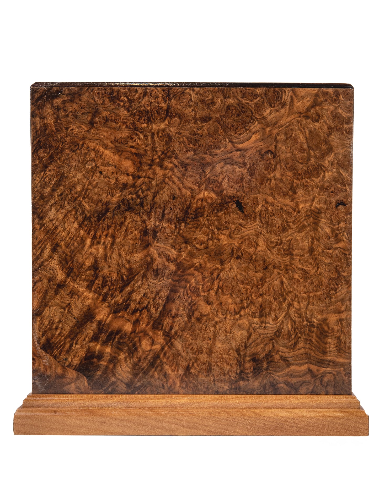 Front and top view of luxury urn with English Walnut Burl sides, Macassar Ebony top, and American Cherry–Cuban Mahogany base, 200 cubic inch capacity, handcrafted from historic woods