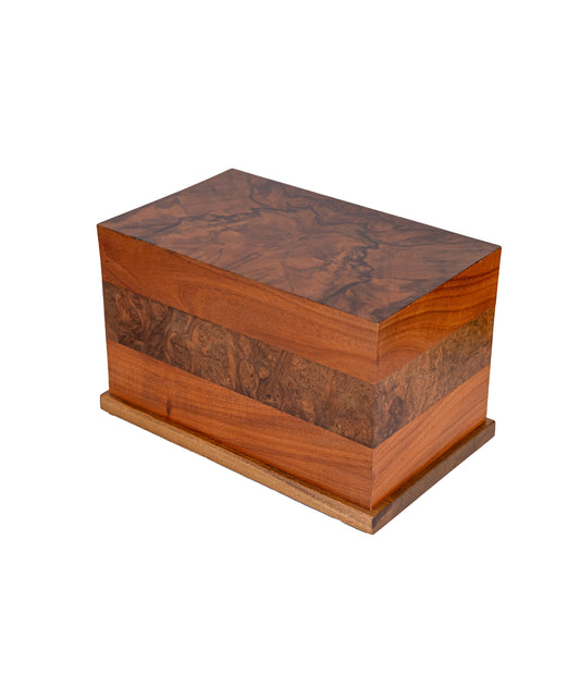 Angled view of 180 cubic inch urn made from 1923 oak and 1890 English Walnut Burl, handcrafted from antique piano wood with historic elegance