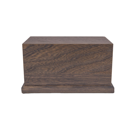 Front and top view of 80 cubic inch urn in gray-stained American White Ash, reclaimed from 1910 New York piano – perfect for keepsake ashes