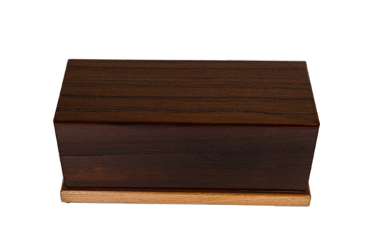 Front and top view of handcrafted American Chestnut cremation urn with mahogany top and oak base, reclaimed 200-year-old wood, 200 cubic inch capacity