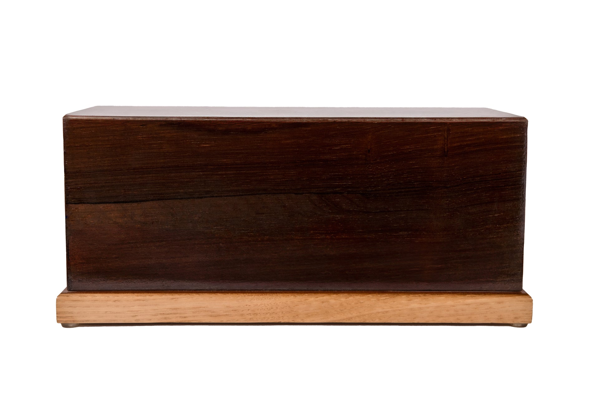 Front view of handcrafted American Chestnut cremation urn with mahogany top and oak base, reclaimed 200-year-old wood, 200 cubic inch capacity