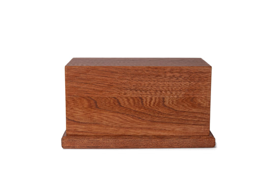 Front view of 80 cubic inch urn handcrafted from 1910 piano-sourced White Ash wood, stained Traditional Cherry with satin finish