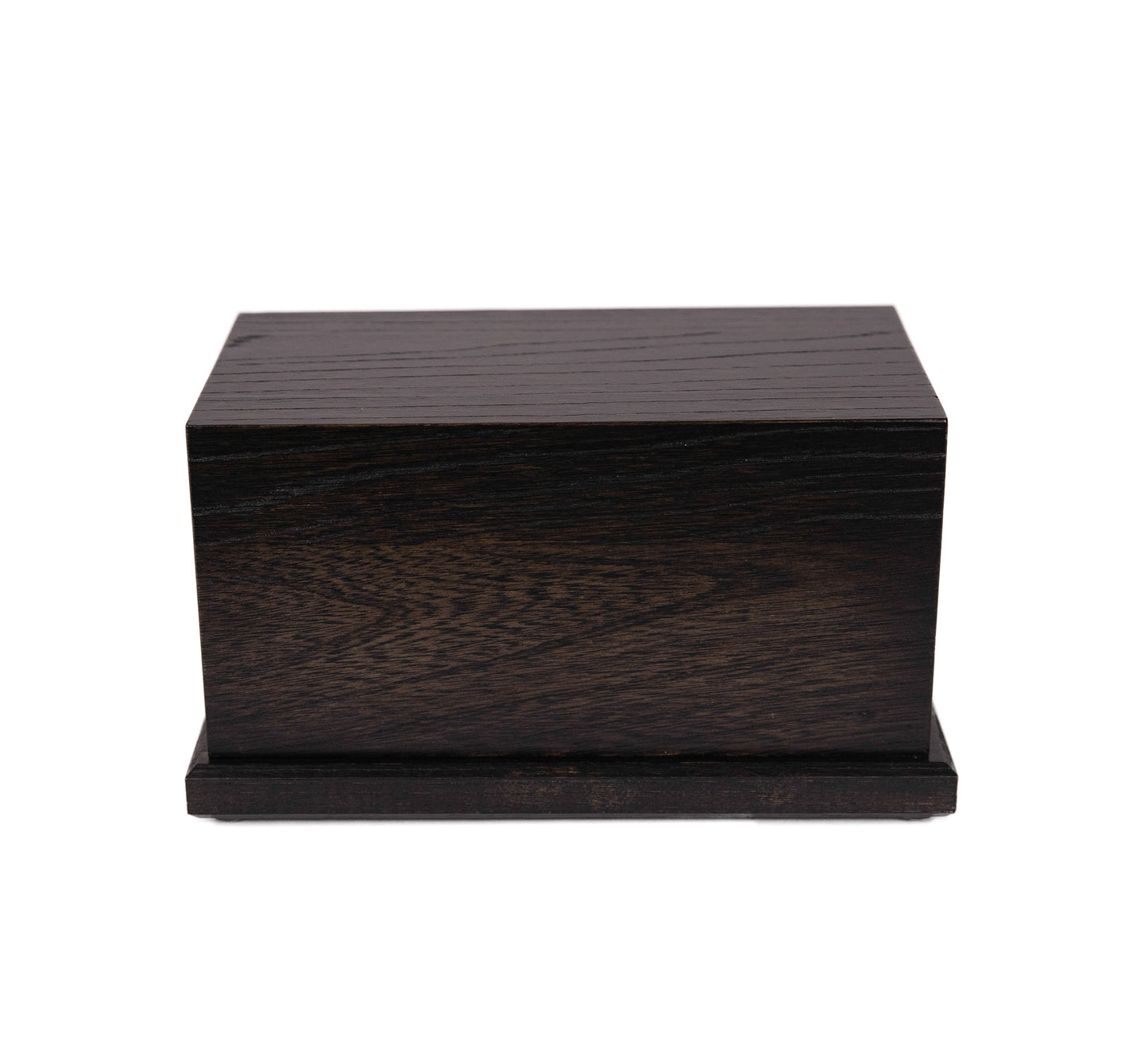 Front and top view of compact handcrafted urn made from American White Ash with black satin finish, reclaimed from 1910 New York piano, 80 cubic inch capacity