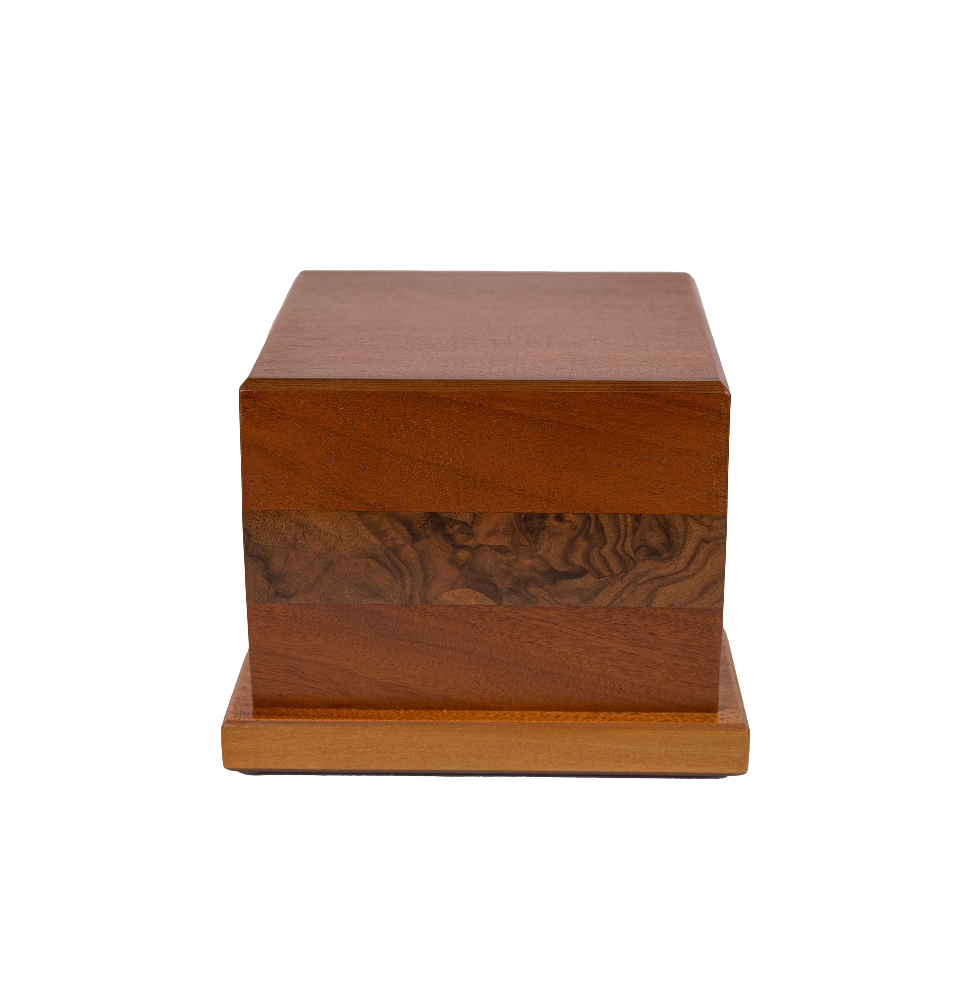 Front view of 80 cubic inch urn in Black Walnut with English Walnut Burl accents and Sitka Spruce top, finished maple brown satin