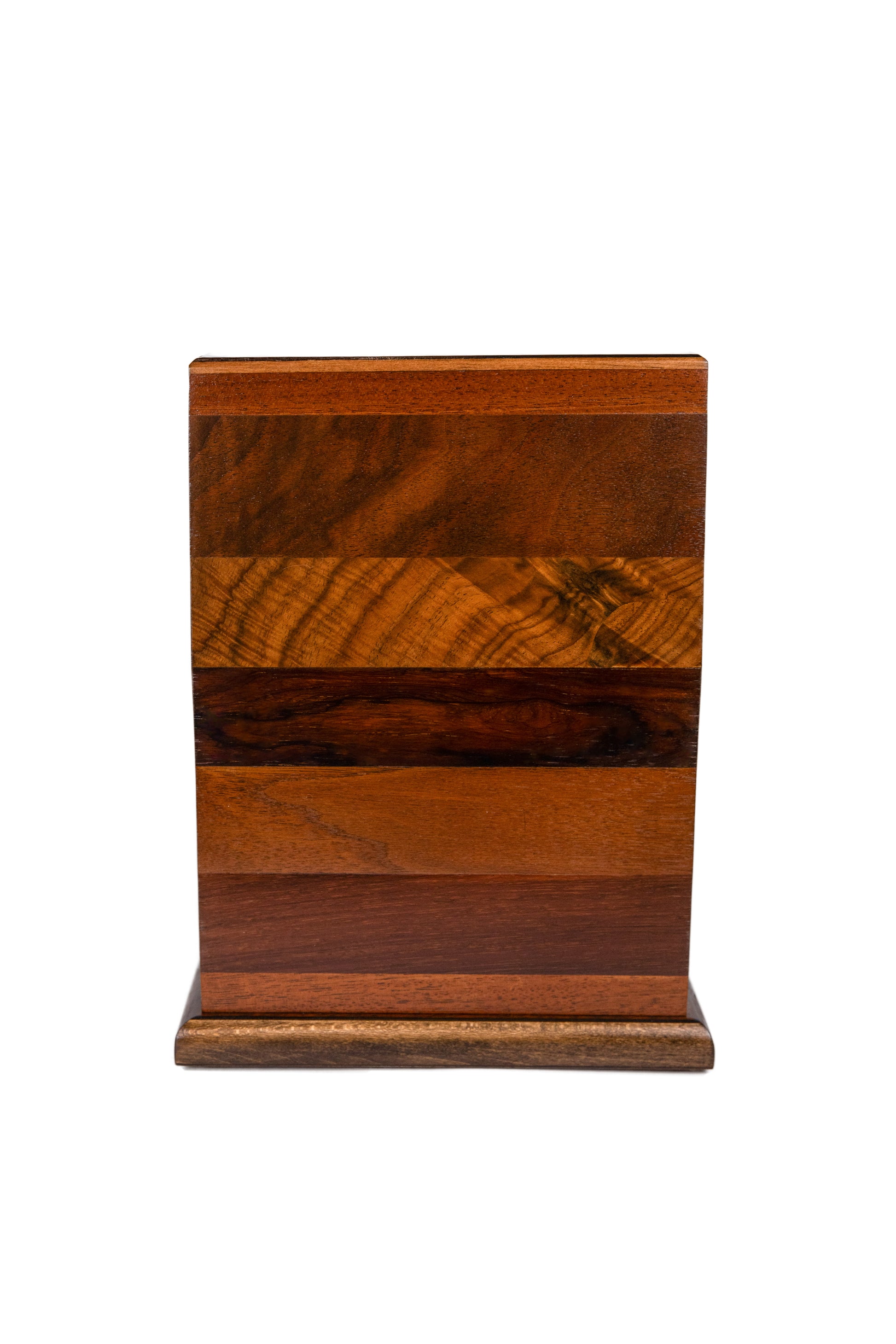 Side view of handcrafted cremation urn made from Chestnut wood top, English Walnut, English Walnut Burl, American Black Walnut, Brazilian Rosewood, with dark stained American White Ash base, reclaimed from 1830 to 1920 pianos, 275 cubic inch capacity