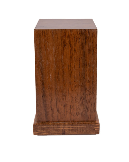 Front and top view of 25 cubic inch urn made with Cuban Mahogany, 1890 English Walnut Burl top, and Oak base, handcrafted from vintage piano woods