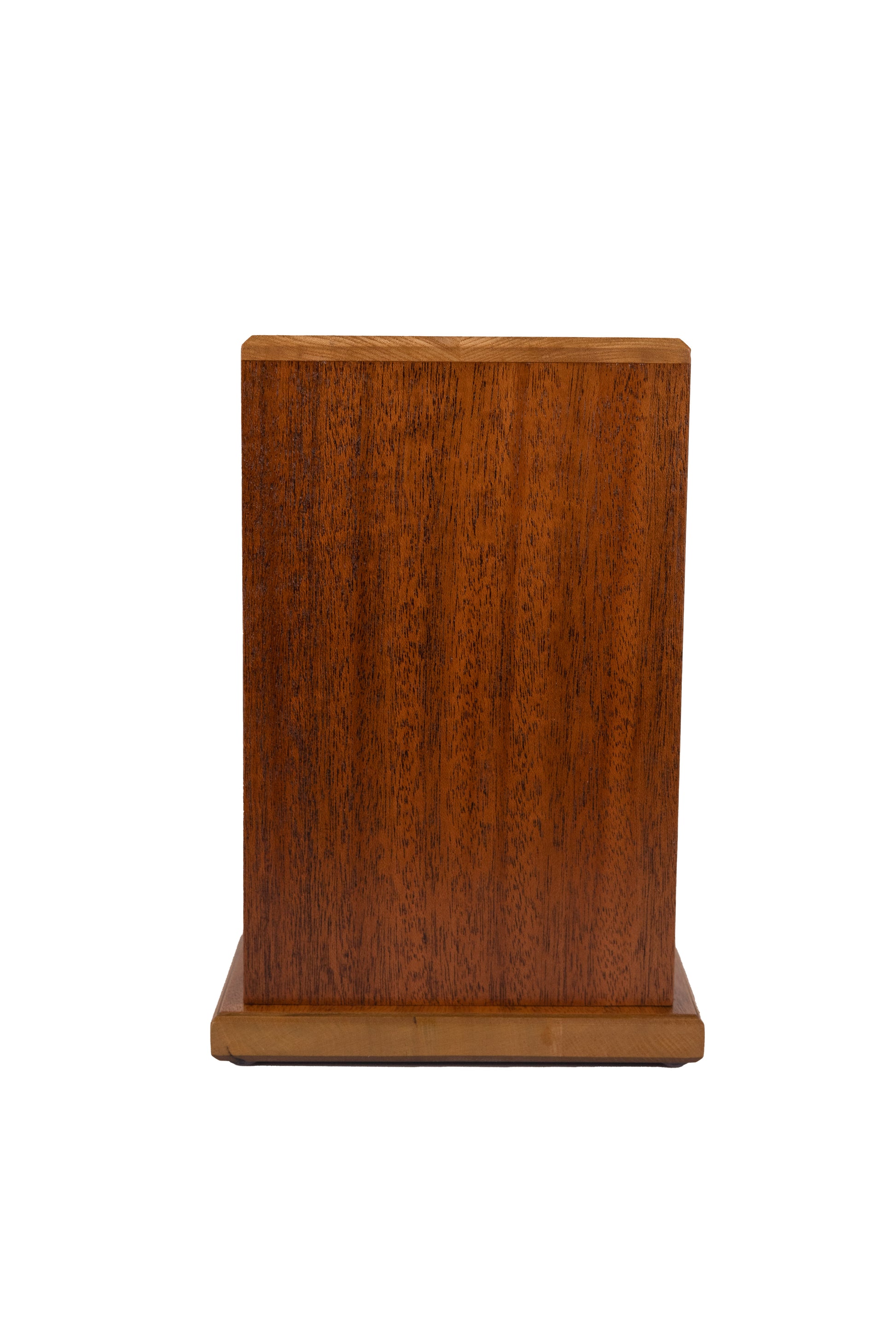 Front view of 180 cubic inch urn made from reclaimed Cuban Mahogany with White Ash top, Sesame stained and satin finished for timeless elegance