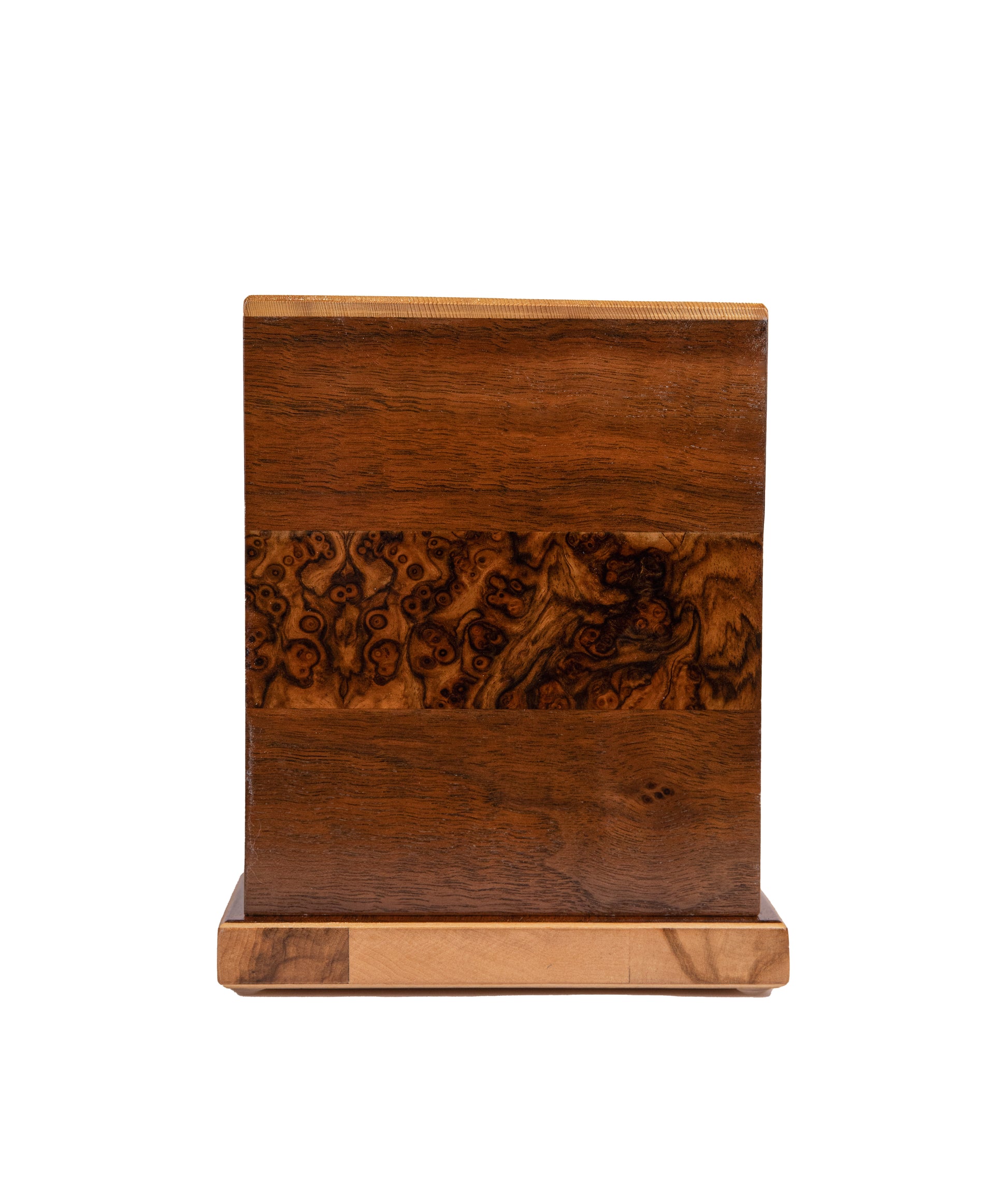 Front and top view of handcrafted cremation urn made from English Walnut Burl, American Black Walnut, and European Spruce reclaimed from 1885 German and American pianos, 115 cubic inch capacity