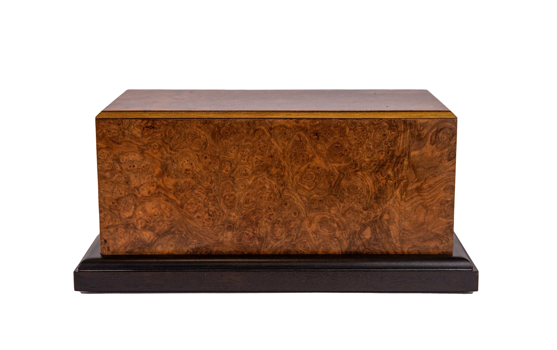 Front view of 120 cubic inch urn featuring English Walnut Burl from 1890 British piano and contrasting black base in satin finish