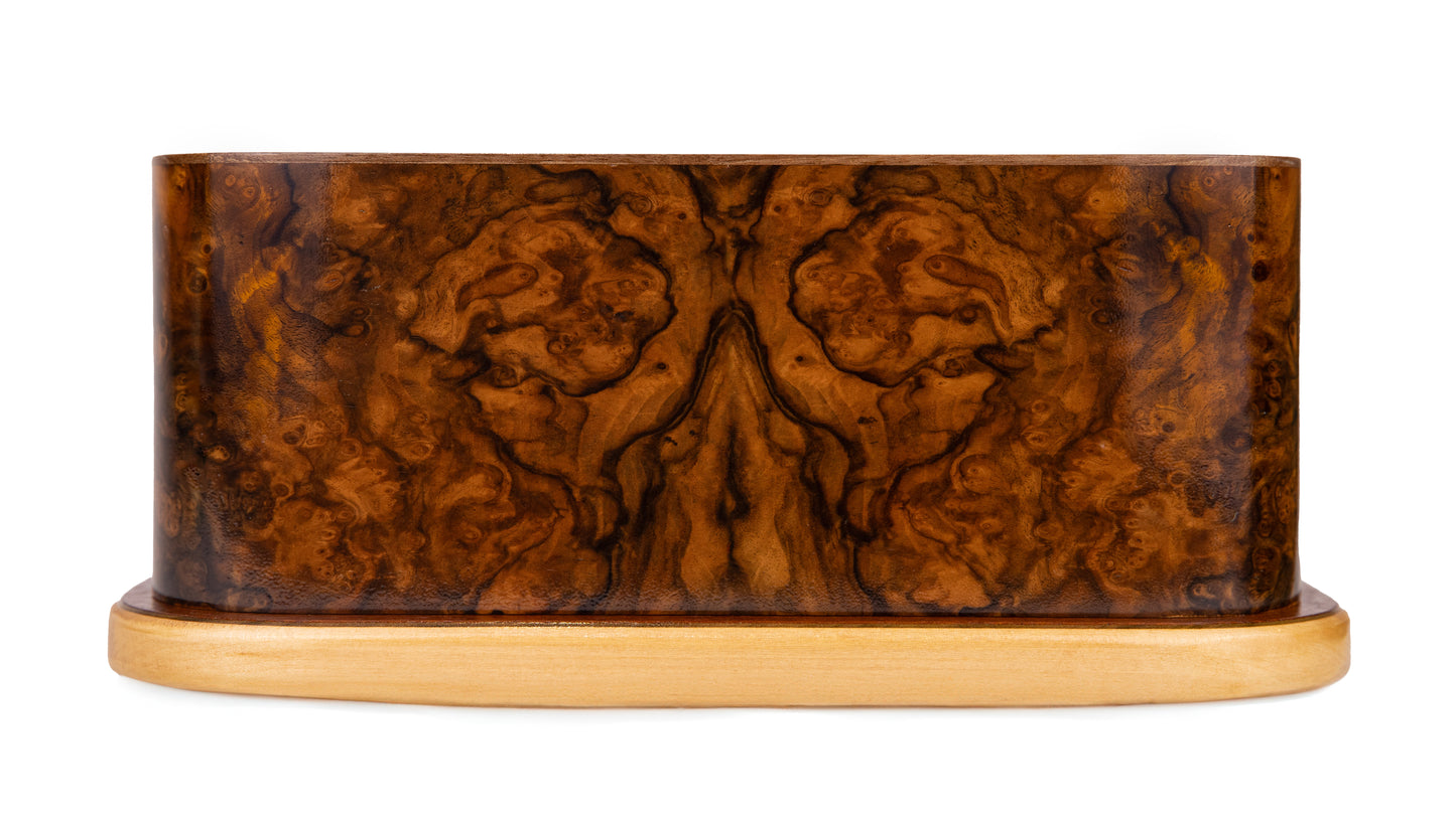 Front view of 165 cubic inch urn featuring book matched English Walnut Burl from an 1890 British piano, finished in natural satin