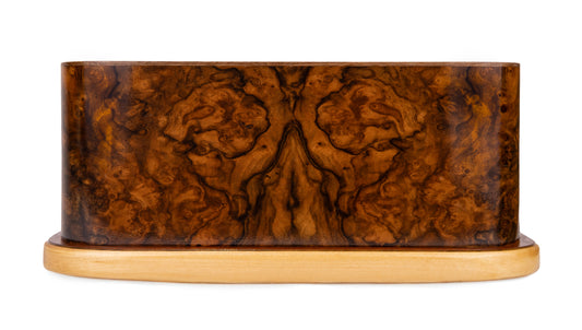 Front view of 165 cubic inch urn featuring book matched English Walnut Burl from an 1890 British piano, finished in natural satin