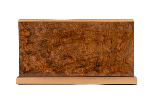 Front and top view of English Walnut Burl urn with polished gold detailing, handcrafted from 1890 British piano wood, 225 cubic inch capacity