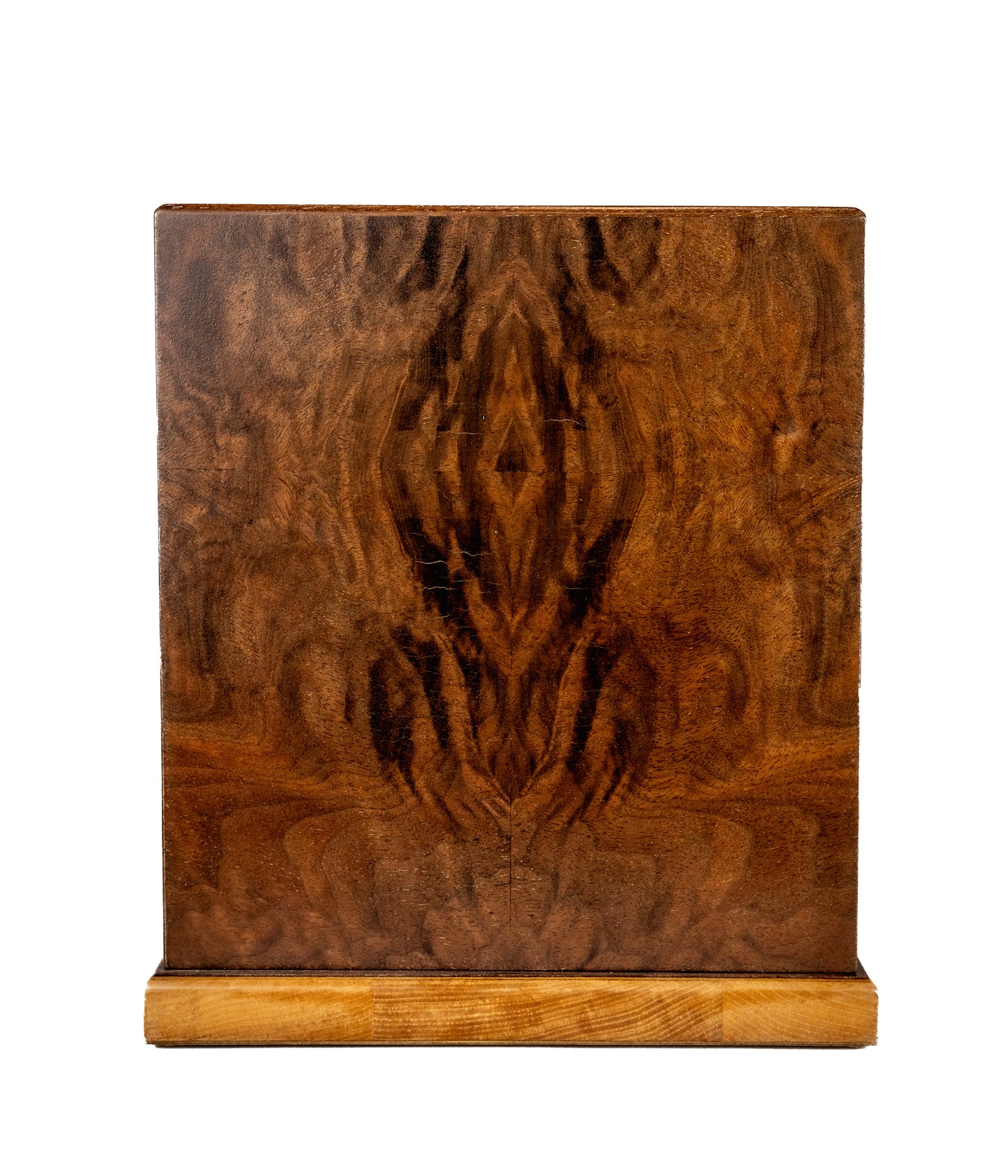 Side view of handcrafted cremation urn featuring symmetrical English Walnut grain, Honduran Rosewood top, and Red Oak base, made from historic 1896 American piano, 220 cubic inch capacity