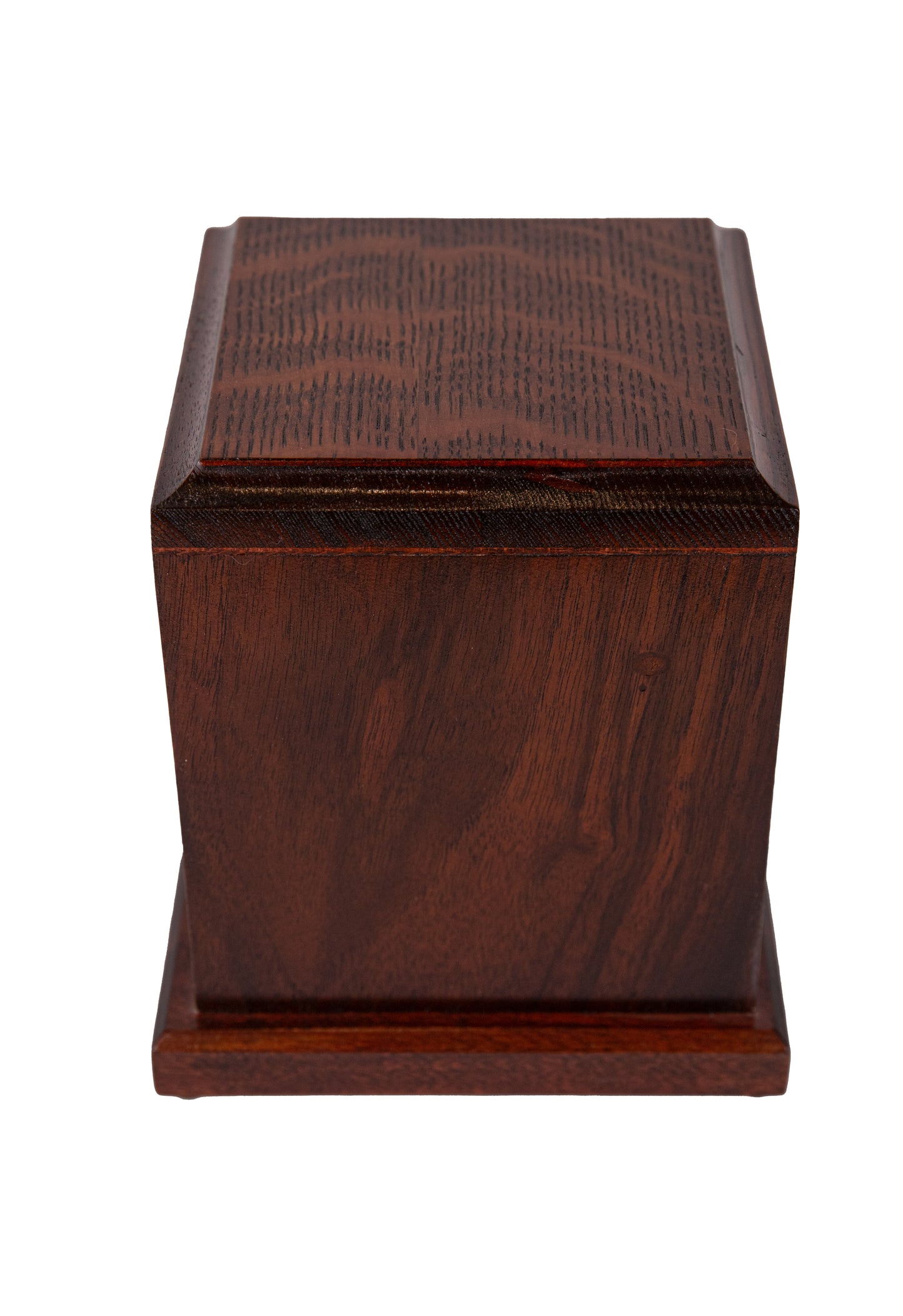 Front and top view of handcrafted urn with English Walnut body and quarter sawn White Oak top, repurposed from vintage English pianos, 125 cubic inch capacity