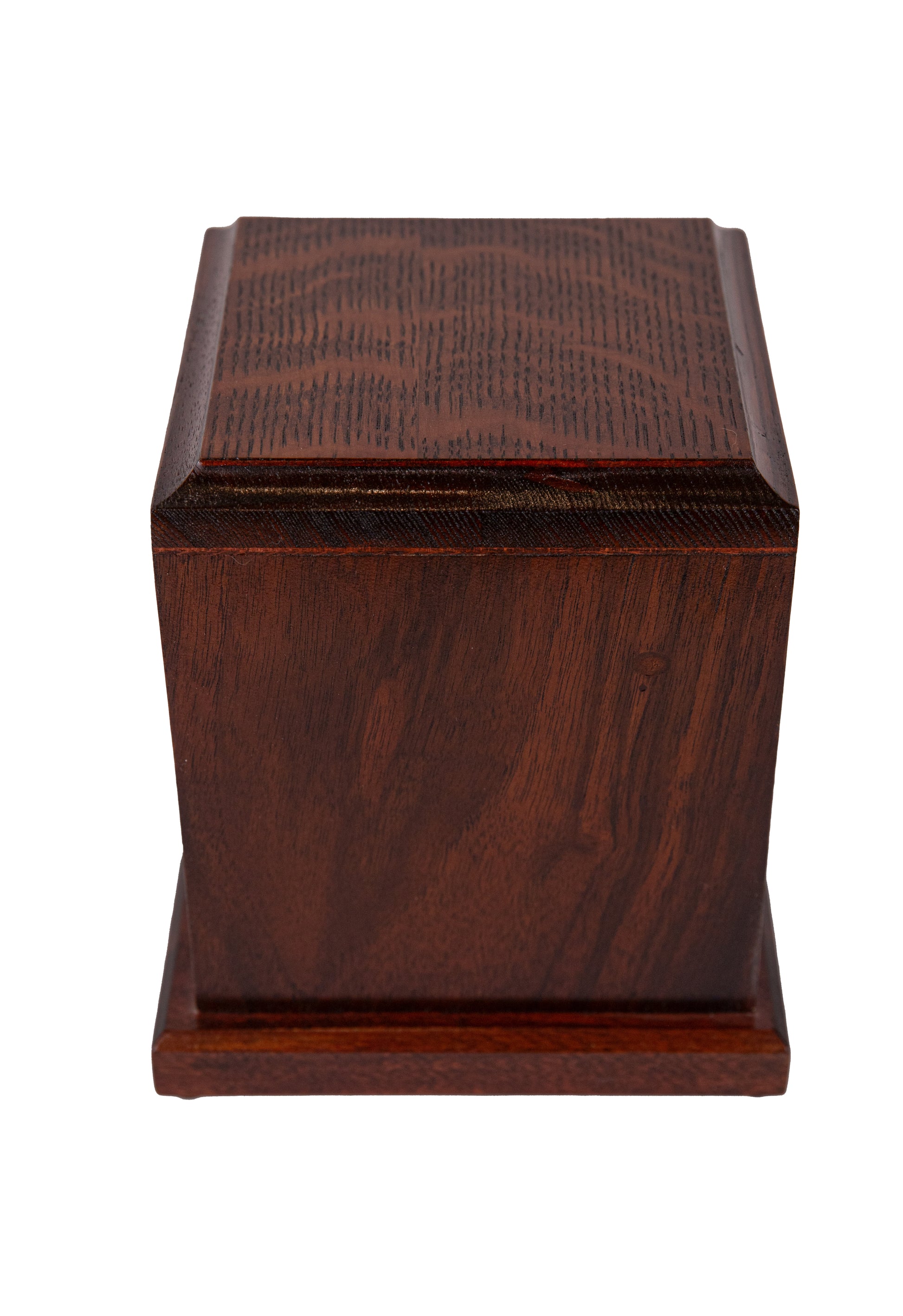 Front and top view of handcrafted urn with English Walnut body and quarter sawn White Oak top, repurposed from vintage English pianos, 125 cubic inch capacity