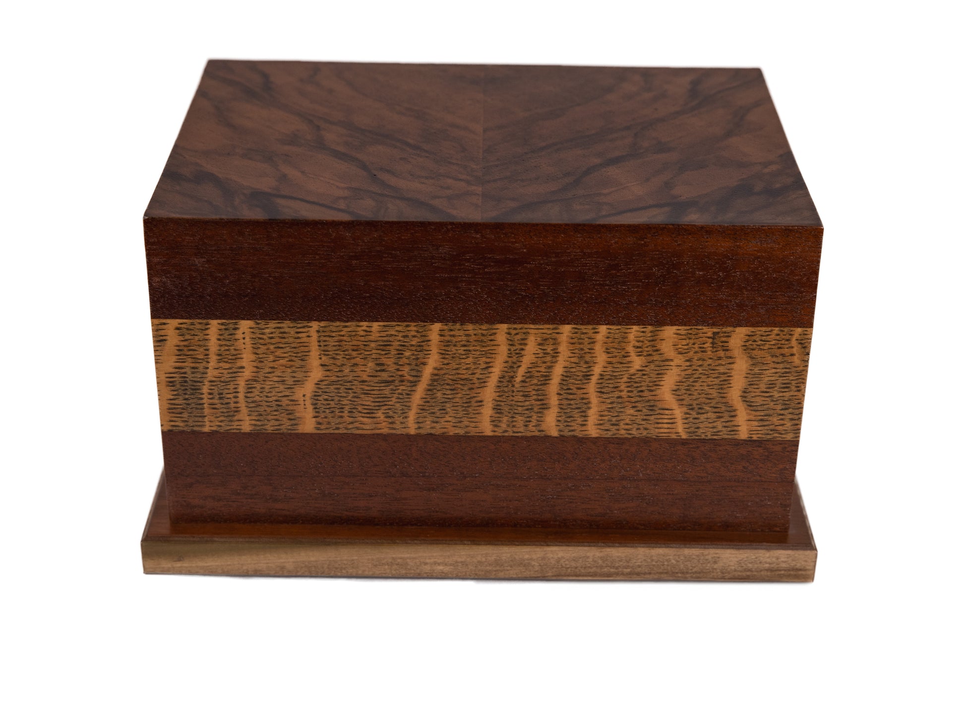 Front and top view of 185 cubic inch handcrafted urn with English Oak band, Walnut Burl top, and Black Walnut sides, finished in natural satin