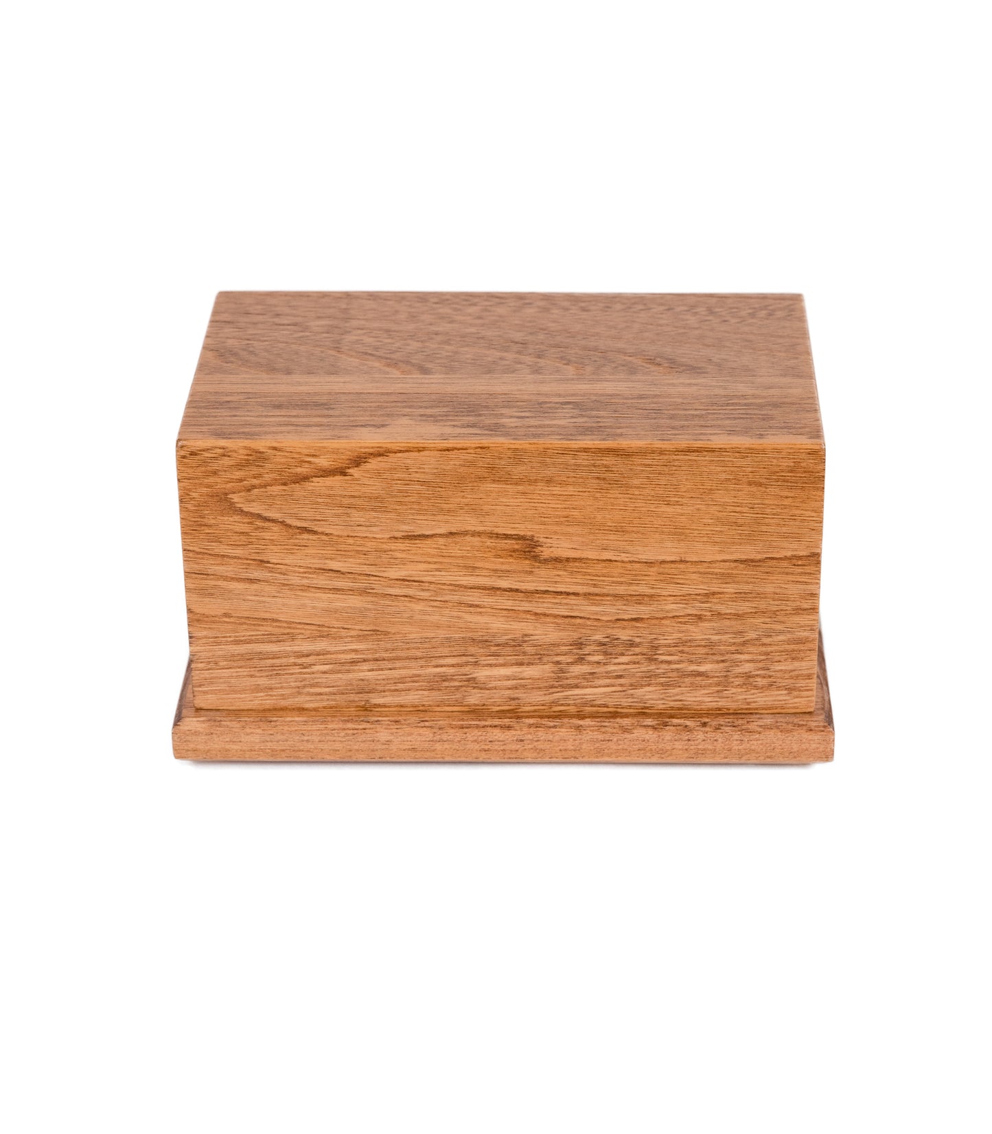 Front view of 80 cubic inch keepsake urn crafted from 1910 White Ash piano wood, stained Early American for a warm, vintage memorial look