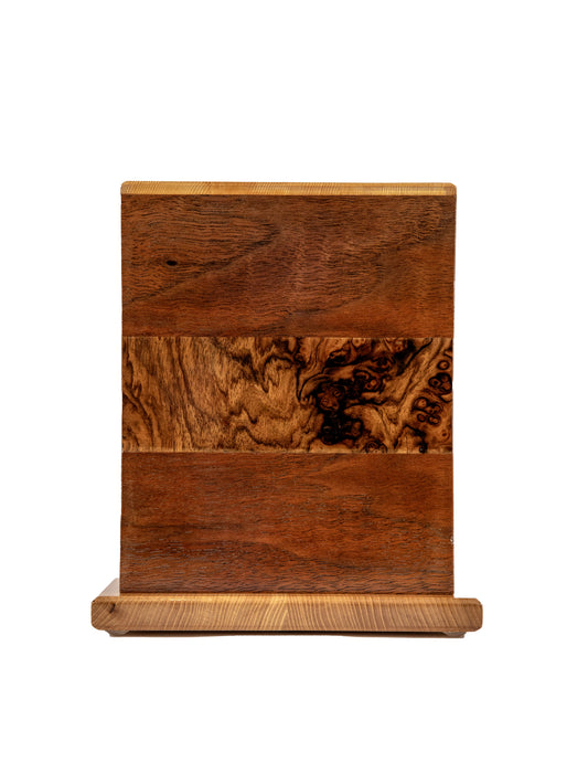 Front and top view of 110 cubic inch urn in Black Walnut with English Walnut Burl band from 1885 German piano and European Spruce top