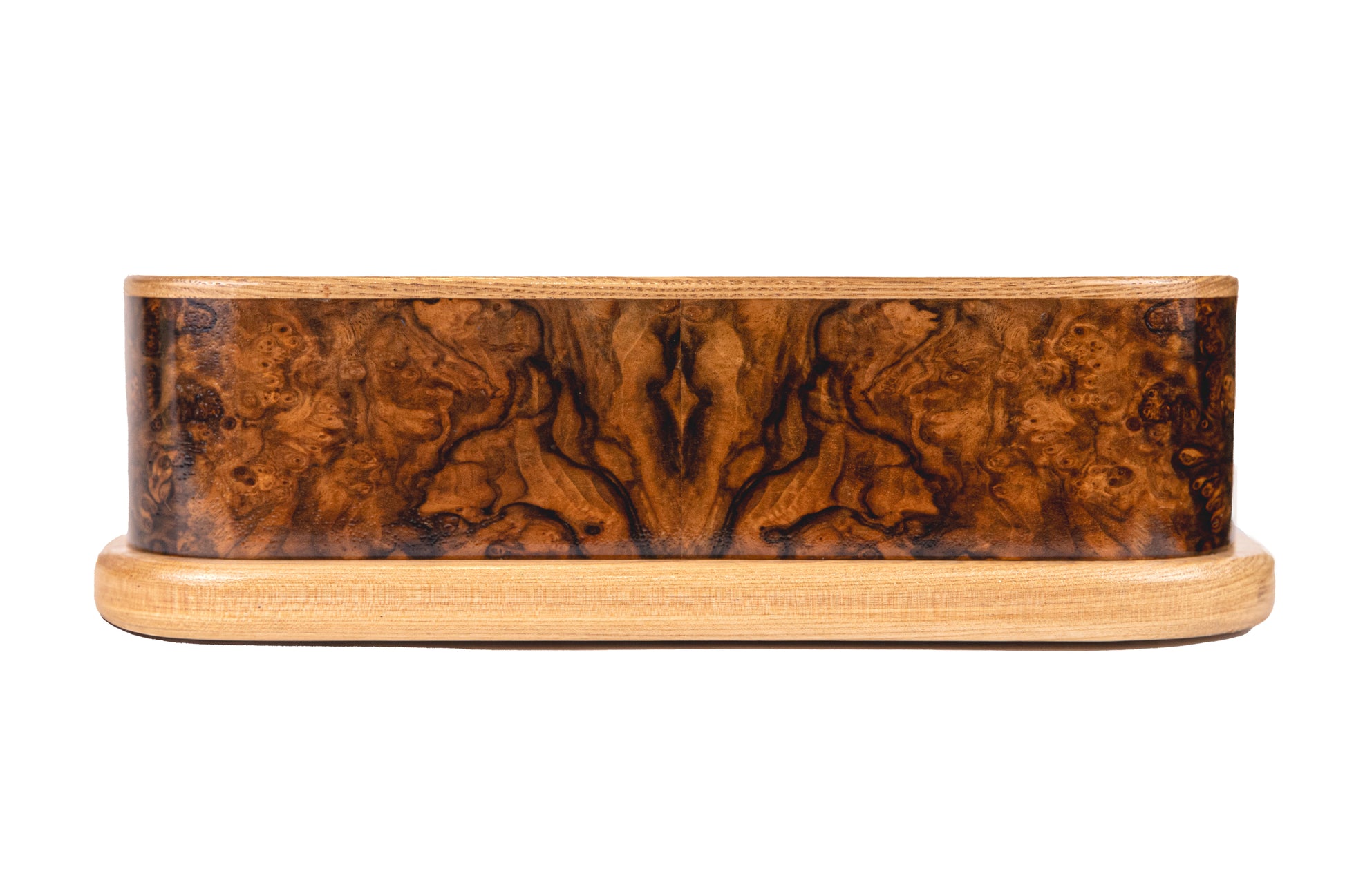 Front view of 95 cubic inch urn featuring book matched English Walnut Symmetrical Burl body with American Ash top and base, natural wood finish