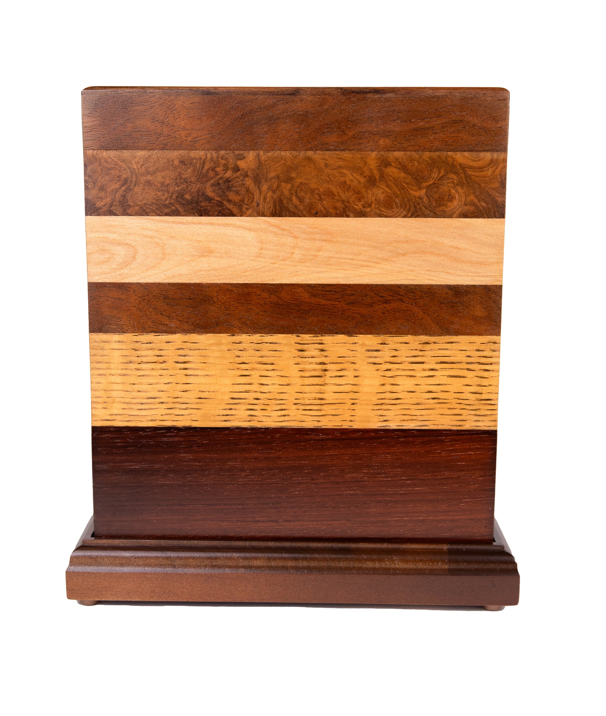 Side view of handcrafted cremation urn made from English Walnut Burl, Black Walnut, American Ash, Quarter Sawn Oak, Brazilian Rosewood, with Honduran Rosewood top and Cuban Mahogany base with Walnut accents, 200 cubic inch capacity