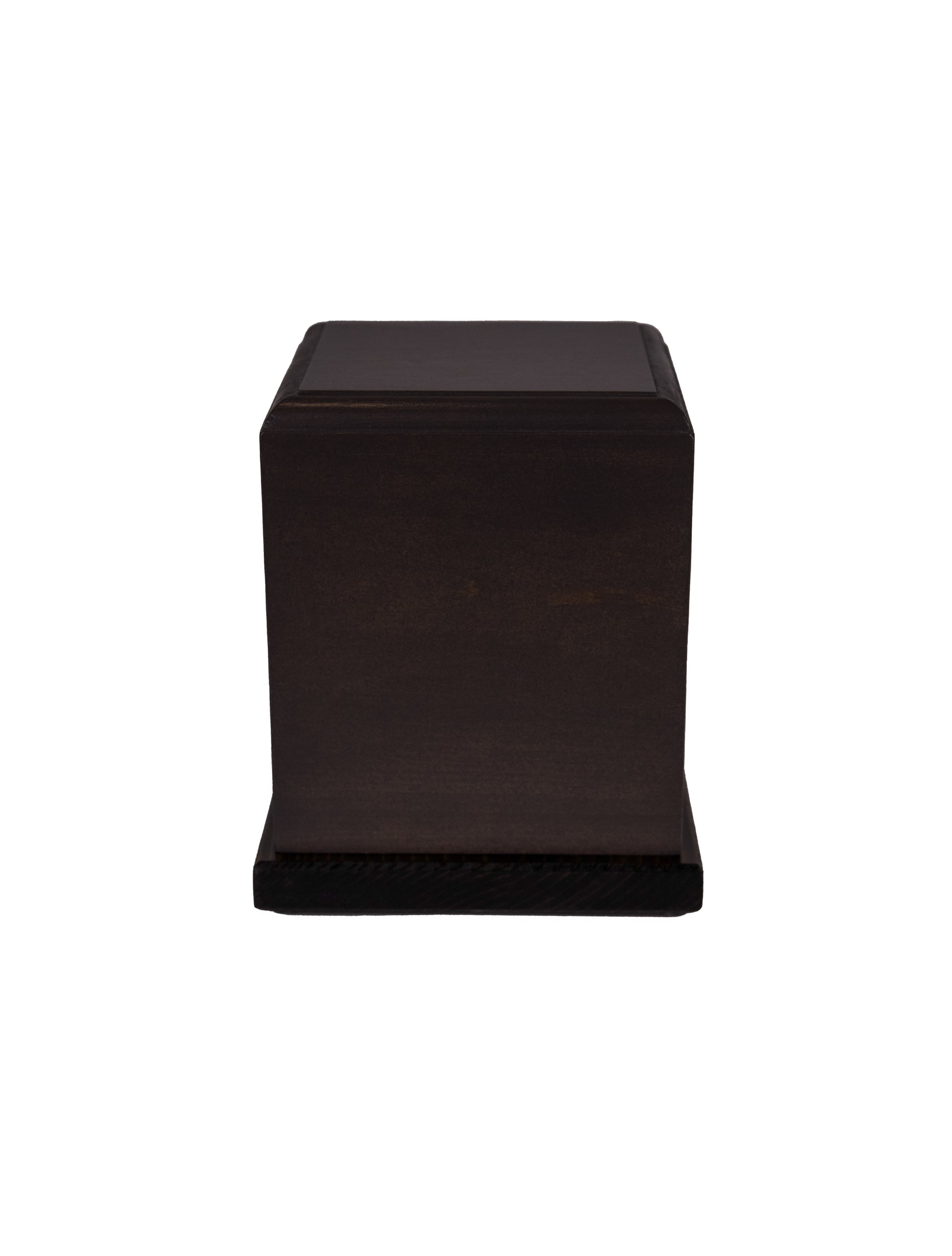 Front and top view of handcrafted cremation urn featuring aged Pine body with Iron Earth gray tone and Ebony black Oak base, reclaimed from a 1901 American piano, 75 cubic inch capacity