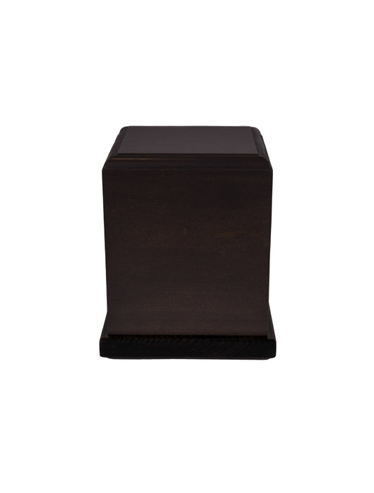 Front and top view of handcrafted cremation urn featuring aged Pine body with Iron Earth gray tone and Ebony black Oak base, reclaimed from a 1901 American piano, 75 cubic inch capacity