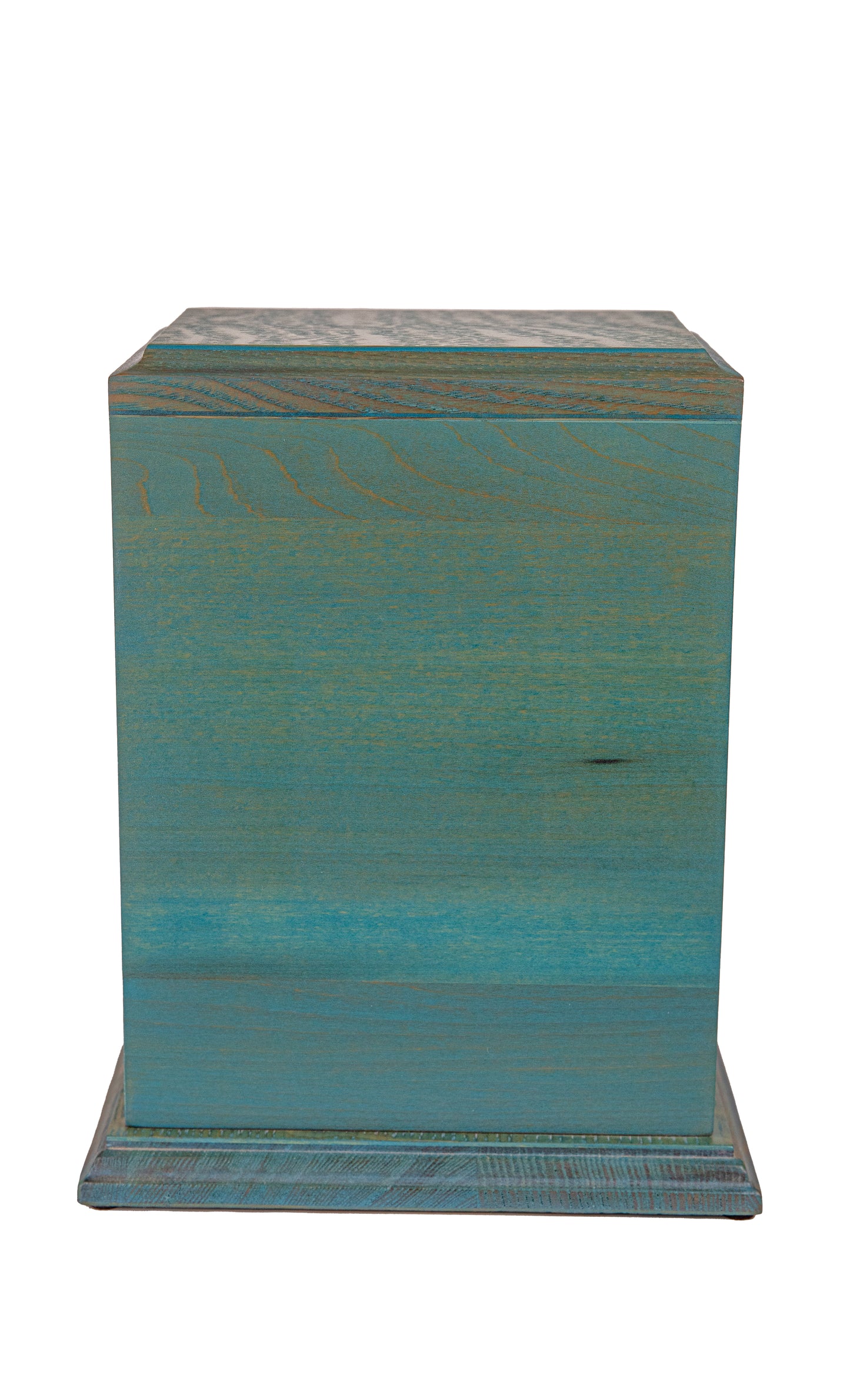 Front and top view of handcrafted poplar cremation urn with rich blue stain, English oak top and base, made from vintage 1915 German piano wood