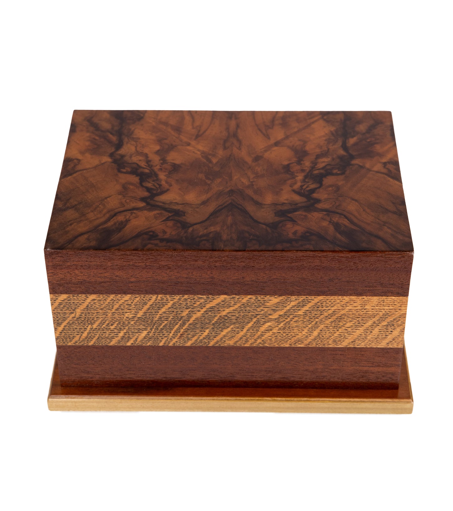 Front and top view of handcrafted cremation urn with quarter sawn Oak band, American Black Walnut body, and English Walnut Burl top, made from 1890 and 1923 historic pianos, 210 cubic inch capacity