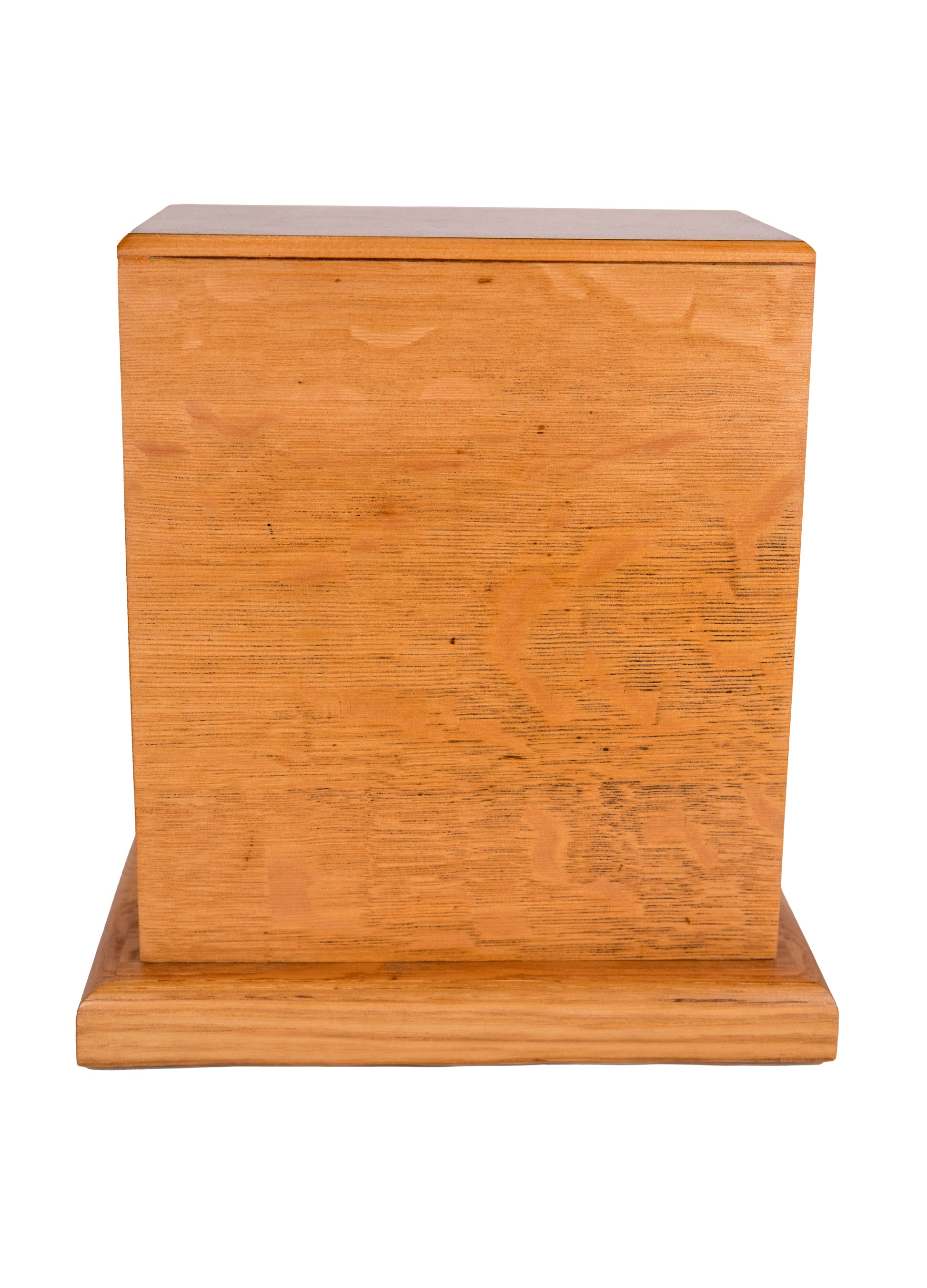 Front view of handcrafted cremation urn with quarter sawn Oak tower, solid Oak base, and English Walnut Burl top reclaimed from 1885 piano, 200 cubic inch capacity