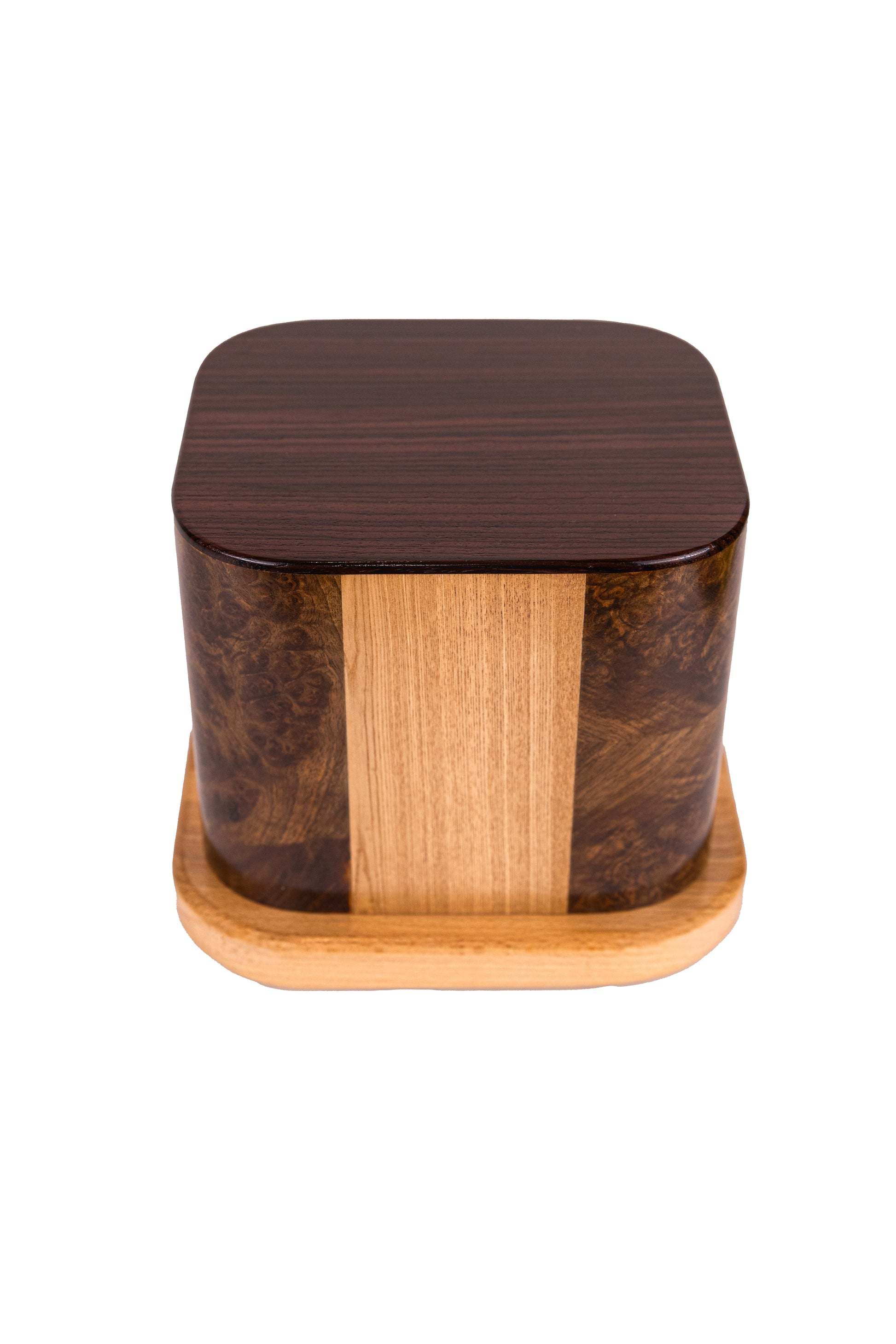 Front and top view of handcrafted urn with English Walnut Burl corners, White Ash panels, Macassar Ebony top, and Oak base, made from four historic pianos, 200 cubic inch capacity