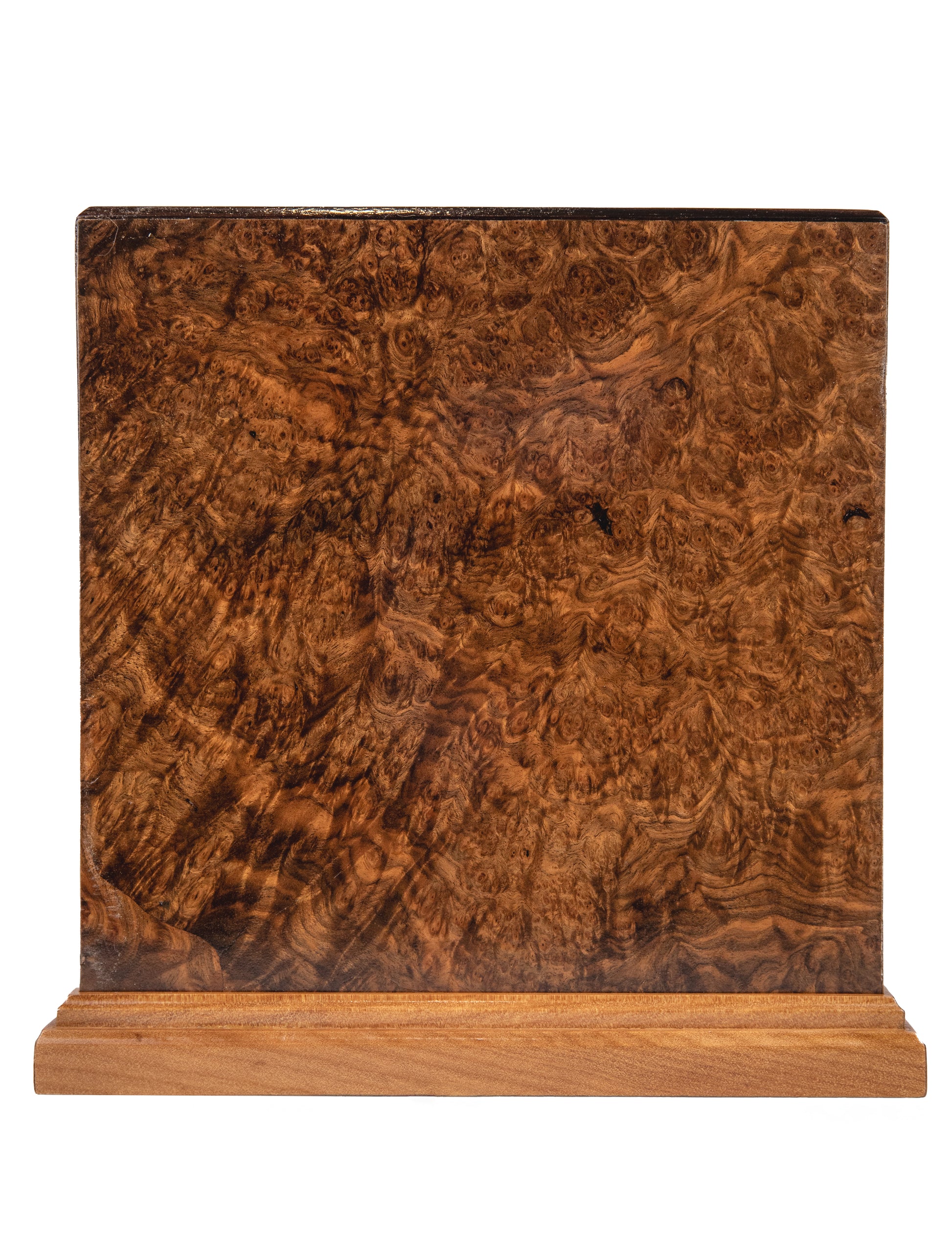 Front and top view of luxury urn with English Walnut Burl sides, Macassar Ebony top, and American Cherry–Cuban Mahogany base, 200 cubic inch capacity, handcrafted from historic woods