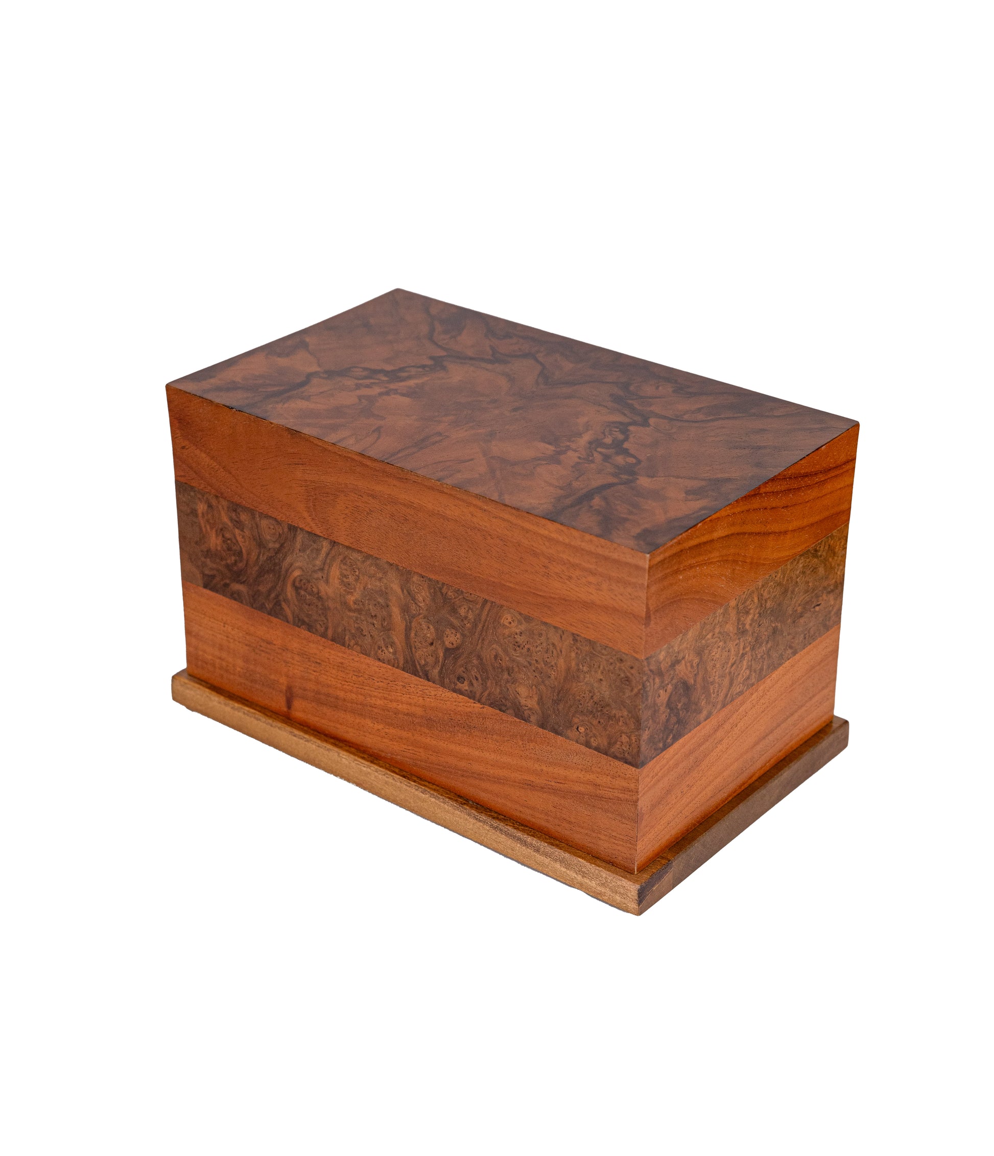 Angled view of 180 cubic inch urn made from 1923 oak and 1890 English Walnut Burl, handcrafted from antique piano wood with historic elegance