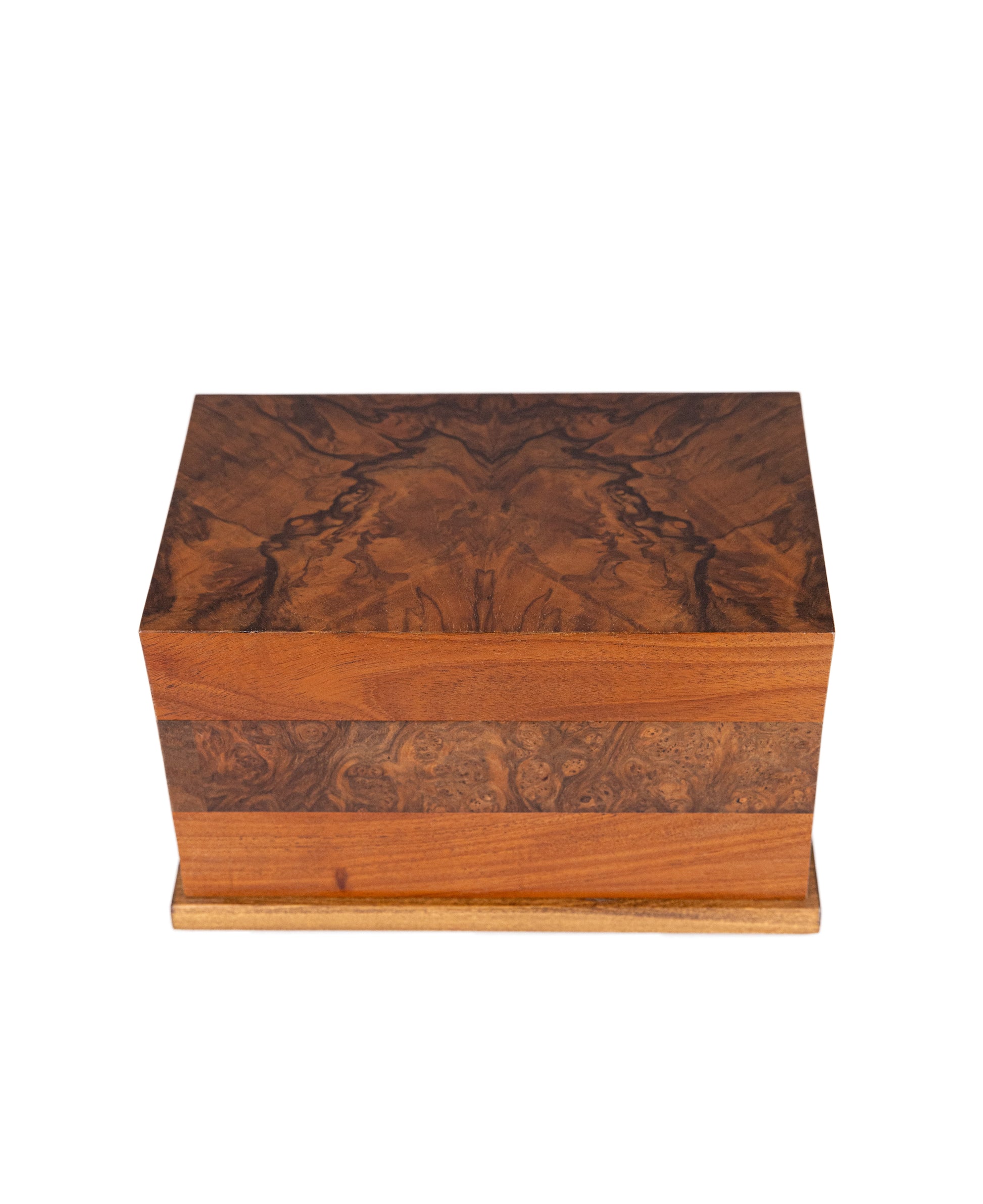 Front and top view of 180 cubic inch urn with quarter sawn oak band and English Walnut Burl top, crafted from reclaimed historic piano woods